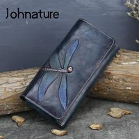 Wholesale Wallets Johnature Retro Cowhide Wallet Card Holder Genuine Leather Long Women Purse Handmade Prints Butterfly knot