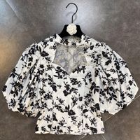 Wholesale Streetwear Puff Sleeve Combine Tops Perspective Broken Flower Bowknot Rhinestone Women Black T Shirt Summer Women s