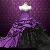 Wholesale Vintage Purple And Black Wedding Dress Ruched Tiered Skirt Long Sweetheart Organza Bridal Gowns Pleats Back Lace Up Plus Size Gothic Bride Dresses