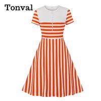 Wholesale Tonval White And Orange Striped Button Up O Neck Knitted Dress For Women Short Sleeve Casual Summer Clothes Vintage Style Dresses