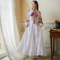 Wholesale Runway Indie Folk Peacock Embroidery Dress Women Long Lantern Sleeve V Neck High Waist Lace Up Cotton Maxi Dresses Silk Scarf Casual