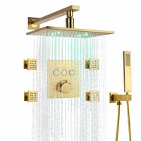 Wholesale Thermostat Brushed Gold Shower Faucet Set X12 Inch LED Rain Shower Head System With Handheld Sprays Massage Body Jets