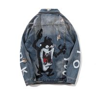 Wholesale Mens Cartoon Prited Denim Jackets Streetwear Fashion Designer Hip Hop Casual Patchwork Ripped Distressed Punk Rock Jeans Coats Outwear FY