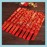 Wholesale Chopsticks Flatware Kitchen Dining Bar Home Garden Pair Wood Chinese With Gift Bag Printing Both The Double Happiness And Dragon Wedd