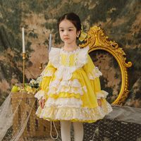 Wholesale 2021 Spring Kids Girl Dress Lace Patchwork Yellow Puff Sleeves Princess Dresses Wedding Piano Perform Party Clothes Y2