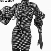 Wholesale XNWMNZ Za women polka dot satin dress high neck cuffs Long balloon sleeves Pleated detail Tied opening at the back black white