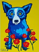 Wholesale Animals Red Flowers and The dog Oil Painting On Canvas Home Decor Handcrafts HD Print Wall Art Picture Customization is acceptable
