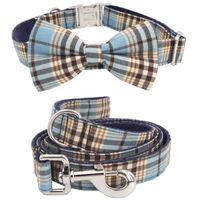 Wholesale Blue plaid Dog collar bow tie matching lead for size to choose best wedding dog collar gifts for your pet H0914