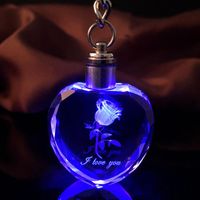 Wholesale Keychains Heart Shape Romantic Rose Key Chain Crystal Lovers Flower Ring Laser Engraved Colorful LED Light Couples Souvenir Gift