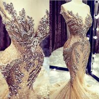 Wholesale 2022 Luxury Gold Evening Dresses Lace Crystal Beads Sequin Sweep Train Formal Bridal Pageant Prom Gowns Custom Made BC3571