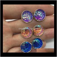 Wholesale 11Color Mermaid Scales Stud Earrings Mm Sier Tone Base Glass Cabochon Fine Ear Studs Jewelry For Women Party Gifts Drop Delivery Cl8Q
