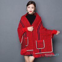 Wholesale Scarves Women Blanket Wrap Houndstooth Knitted Cardigan Scarf Shawl Poncho Cape Winter Warm Thick Sweater Open Front Stoles With Sleeves