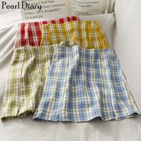 Wholesale Skirts Pearl Diary Women Woven Plaid Ladies Vintage Mini Skirt With Slits Korean Style Summer Casual Cute For