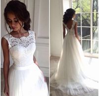 Wholesale Welcomed Female Gowns Summer Beach A Line Wedding Dresses Jewel Lace up Backless Sweep Train Modern Boho Bridal Beautiful Gown