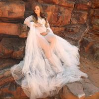 Wholesale Sexy See Thru White Tulle Long Robes Maternity Dresses Ruffles Tiered Full Sleeves Robe Women Dress Bridal Casual