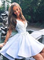 Wholesale 2021 light sky blue graduation homecoming sexy dress V neck lace applique ruffled cocktail party dresses