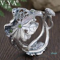 Wholesale V YA Sterling Silver Cuff Bracelet for Women Thai Vintage Lotus Leaf Open Bangles Jewelry