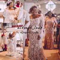 Wholesale Plus Size African Mermaid Wedding Dresses Full Lace Long Sleeve Aso Ebi Peplum Nude Lining Garden Church Bridal Gowns Robes