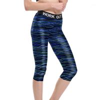 Wholesale Women s Leggings Women Multicolor Line On Black Fitness Quick Dry Workout Unisex High Waist Knee Length Aerobic Exercise Pant Full Size
