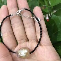 Wholesale Beaded Strands Natural Tiny Shining Onxy Stone MM Real Big Baroque x18MM Pearl Bracelet quot Sterling Silver Clasp CM