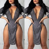 Wholesale Casual Dresses Skirts Spring Women Long Sleeve Deep V Neck Bodycon Double Slit Sexy Ladies Sequin Evening Club Short Mini Hot