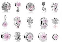 Wholesale 20pcs Fits Pandora Sterling Silver Bracelet Pink Enamel Magnolia Crystal Dangle Beads Charms For European Snake Charm Chain Fashion DIY Jewelry Women