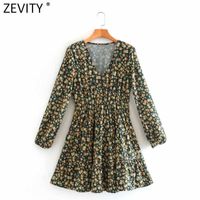 Wholesale Zevity Women Sweet V Neck Country Style Floral Print A Line Dress Femme Long Sleeve Pleats Mini Vestido Chic Cloth DS4696