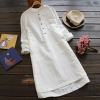 Wholesale Casual Dresses Women Retro Simple Solid White Dress Loose Long Sleeve Cotton Female Plus Size xl Button O Neck Vestidos