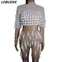 Wholesale Women s Jumpsuits Rompers Sparkly Crystals White Furry Ball Long Sleeve Jumpsuit Female Singer Elastic Stage Outfit Nightclub DJ Pole Danc