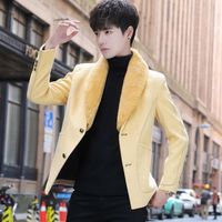 Wholesale Men s Jackets Contrast Stitching Fur Collar Wool Blend Coat Jacket Men Solid Color Yellow Green Slim Fit Soft Warm Winter Wear