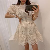 Wholesale dress Summer runway embroidered hollow out women s lace short puff sleeve loose up homecoming sweet little girls dressed in