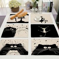 Wholesale Cute Black Cat Pattern Kitchen Placemat Dining Table Mats Drink Coasters Western Pad Cotton Linen Cup Mat cm