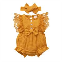 Wholesale Ins Baby Girl s Siamese Trousers Fashion Lace Bow Jumpsuit Headscarf Two piece Suit Button Infant Babys Romper Cute Casual Clothes G701JAL