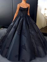 Wholesale 2021 Black Spaghetti Straps Satin Ball Gown Evening Dresses Sleeveless Lace Appliques Backless Prom Quinceanera Dresses Plus Size Gowns