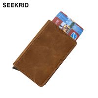 Wholesale RFID Blocking Brown Leather Credit Card Holder Aluminum Metal Business ID Cardholder Slim Card Case Mini Pocket Wallet for Men