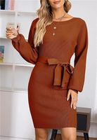 Wholesale Autumn Winter Ladies Knitted Flare Sleeve Casual Dress Solid Color Off shoulder Close fitting O neck Pullover Middle Waist Women Slim cut Midi skirt