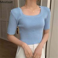 Wholesale Summer Knitted Crop Tops Pullovers Women Short Sleeve Square Collar Sweater Fashion Solid Slim Ladies Jumpers Femme