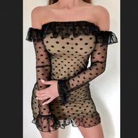 Wholesale Sexy Summer Lace Mesh Perspective Black Dress Womens Off Shoulder Backless Long Sleeve Short Transparent Beach Casual Dresses