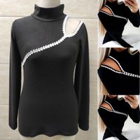Wholesale Women s T Shirt Women Long Sleeve Shoulder High Neck Jumper Pullover Top Casual Female Turtleneck Lace Hollow Out Black Shirts