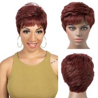 Wholesale Synthetic Wigs Short Hair Bob With Natural Bangs For Black Women Pixie Cut Brazilian Curly Wine Red Wig