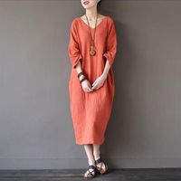 Wholesale Casual Dresses Fashion Women Summer Dress Cotton Linen Vintage Three Quarter Sleeve Plus Size Loose Robe
