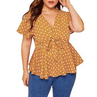 Wholesale Plus Size T Shirt Womens Tops And Blouses Elegant Shirt V Neck Short Sleeve Polka Dot Knot Top Front Large size Blouse With Bow