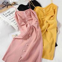Wholesale High Waist Sexy Tube Top Camis Dresses Women Folds Breasted Slit Backless A line Pink Yellow Clothes Summer Korean