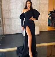 Wholesale Sexy Black Evening Dresses Mermaid Puffy Long Sleeves Split Formal Party Prom Gowns Pleats Designer Celebrity Dress