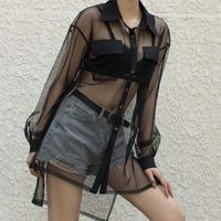 Wholesale Women Transparent Mesh Blouse Pockets Sexy See through Black Shirt Casual Loose Female Turn Down Neck Long