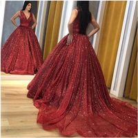 Wholesale Stunning V Neck Wine Red Ball Gown Prom Dresses Sequined Sparkle Bling Sleeveless Court Train Evening Gowns Women Elegant