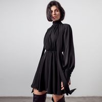 Wholesale Casual Dresses Y2K Spring Fall Fashion Elegant Black Bowknot Chiffon High Collar Long Sleeves Women s Clothes Party Midi