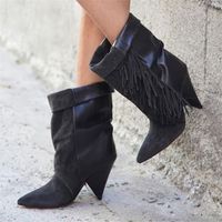 Wholesale Boots Fashion Fringed Women Ankle Pointed Toe Short CM Spike High Heels Ladies Wedge Shoes Tassels Suede Botas Mujer