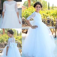 Wholesale White Flower Girl Dresses for Weddings Lace Bateau Half Sleeves Tulle A Line Bow Pageant Teens Birthday Party Gown