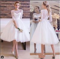 Wholesale Lace GownTulle Shorts Wedding Dress Long Sleeves Beach bridal gowns Elegant White Vintage Dresses